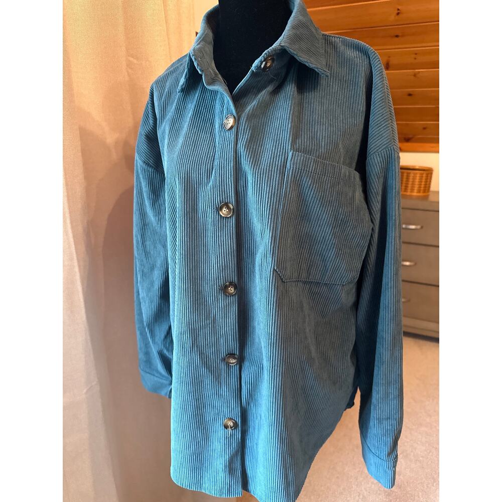 Soft Ribbed Teal Blue Corduroy Shirt – Relaxed Oversized Fit with Front Pocket